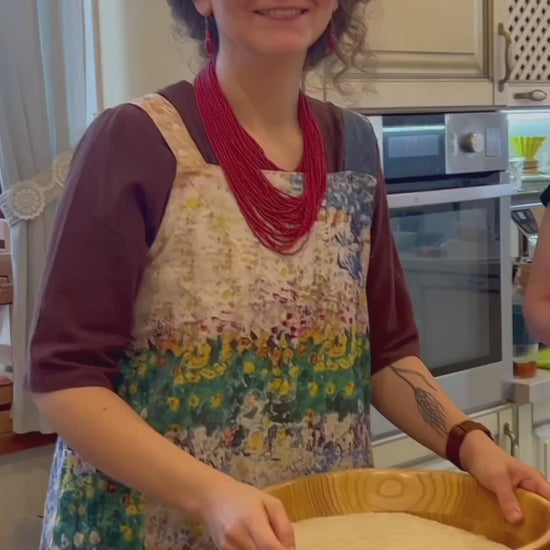 Complete oak baking set with bread board, cookie stamps, and mixing bowl