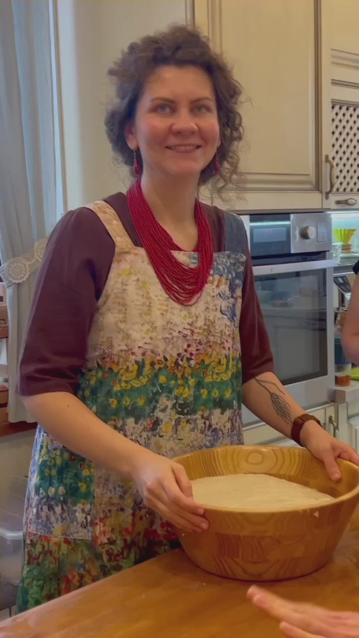 Complete oak baking set with bread board, cookie stamps, and mixing bowl