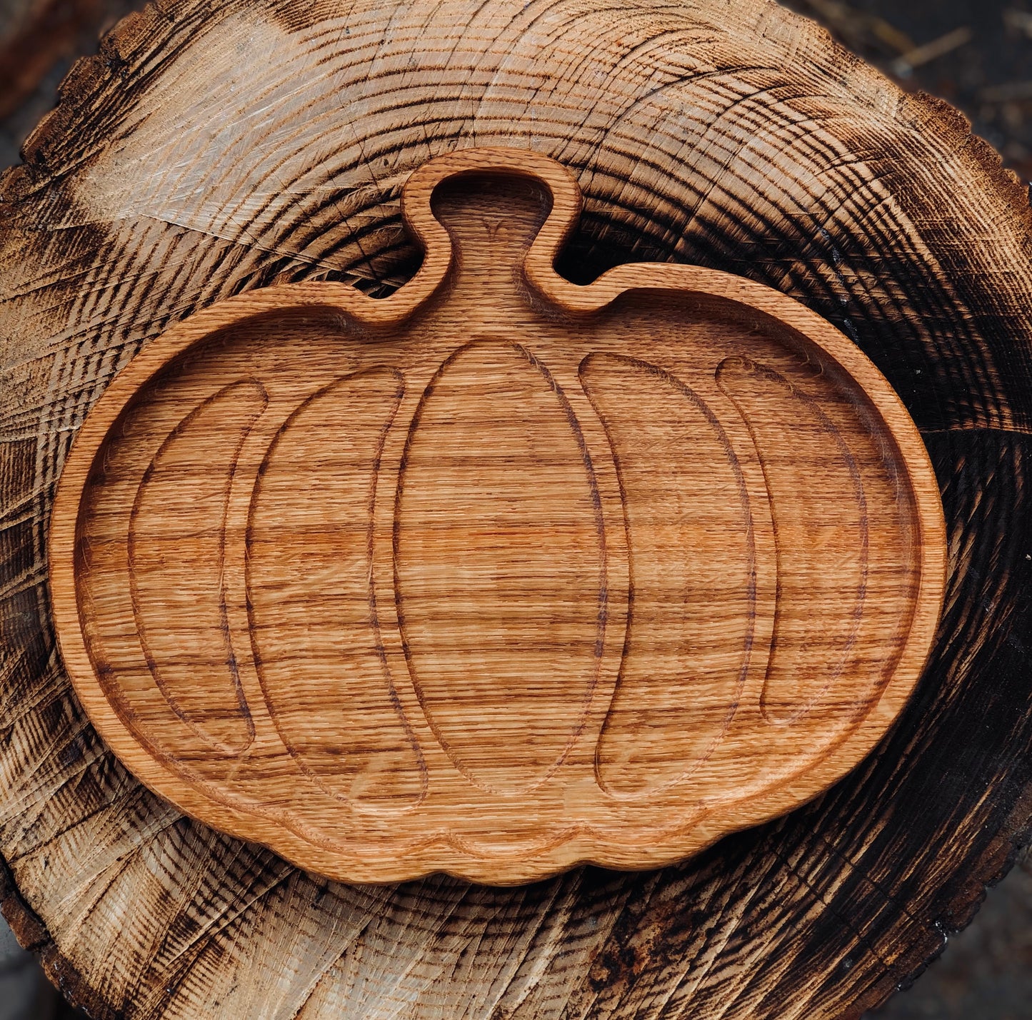 Rustic wooden pumpkin tray perfect for snacks, fruits, and cheese