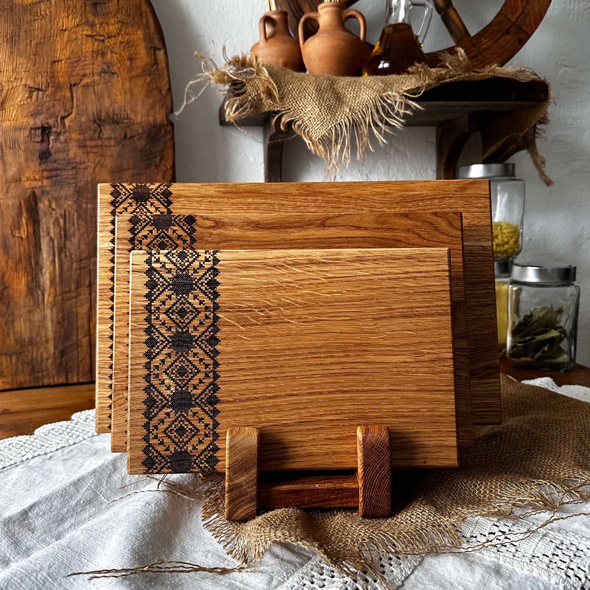 Ukrainian-inspired wooden board set with rustic finish