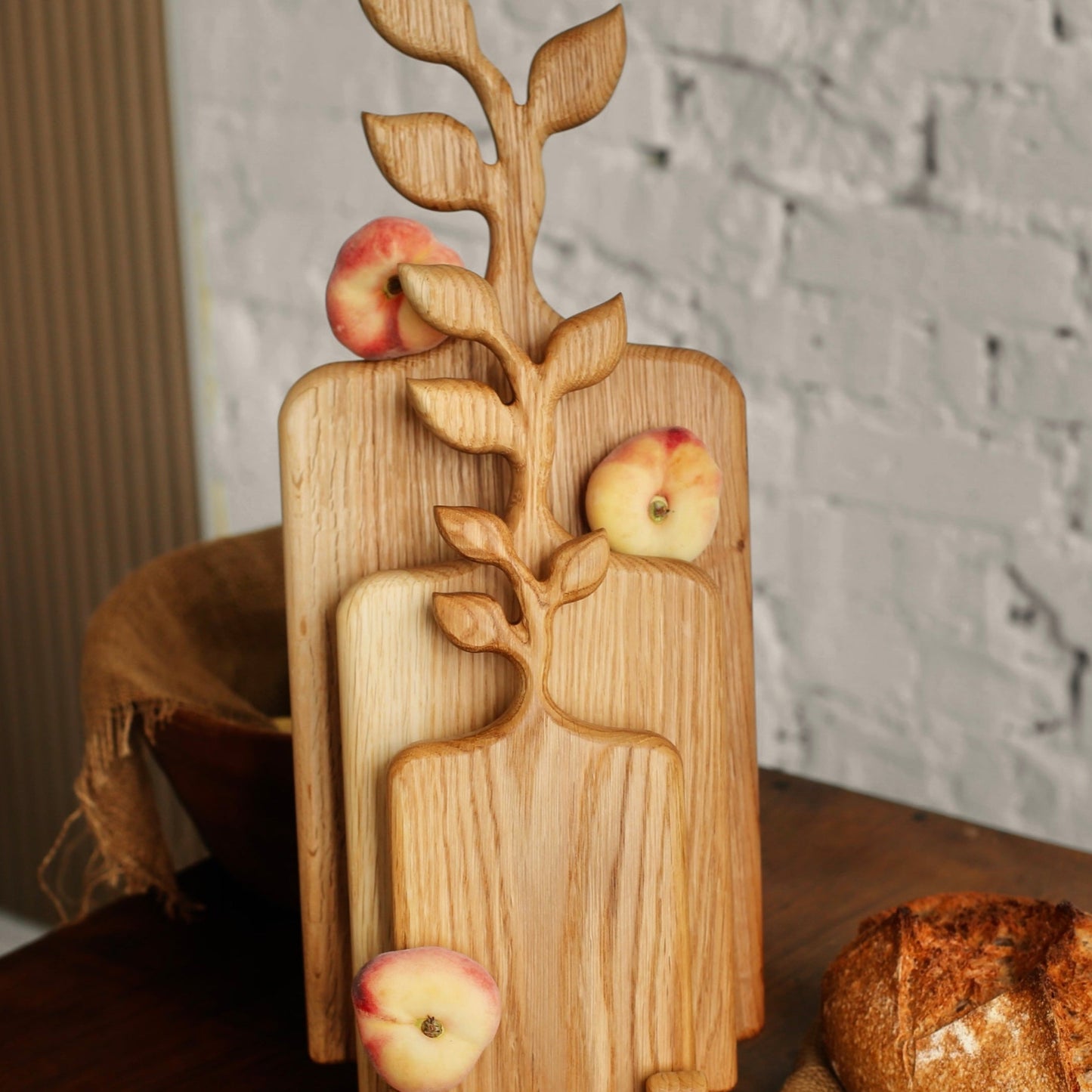 Handmade oak cheese boards with unique leaf design for charcuterie
