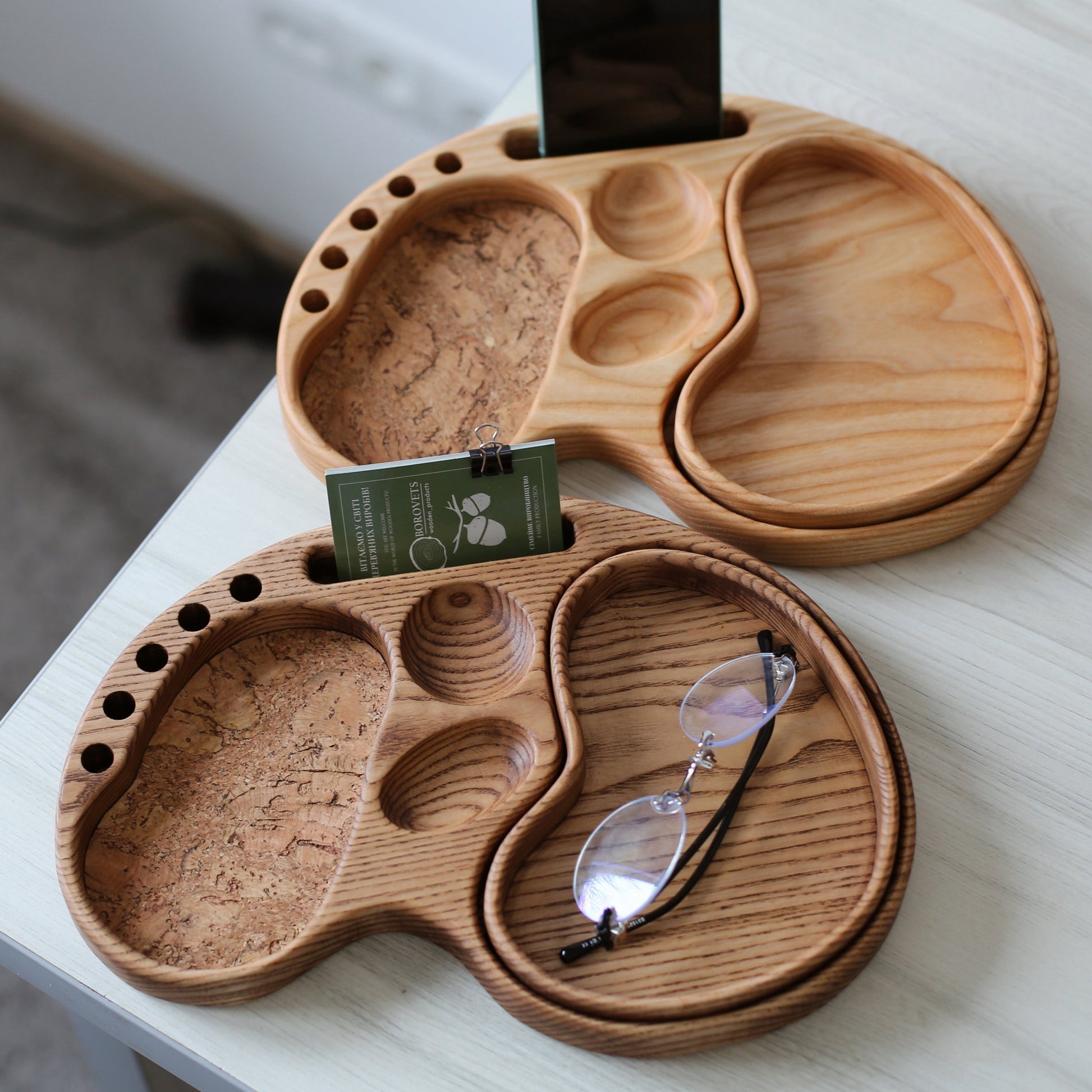 Natural oak desk organizer for workspace with storage for pens and pencils