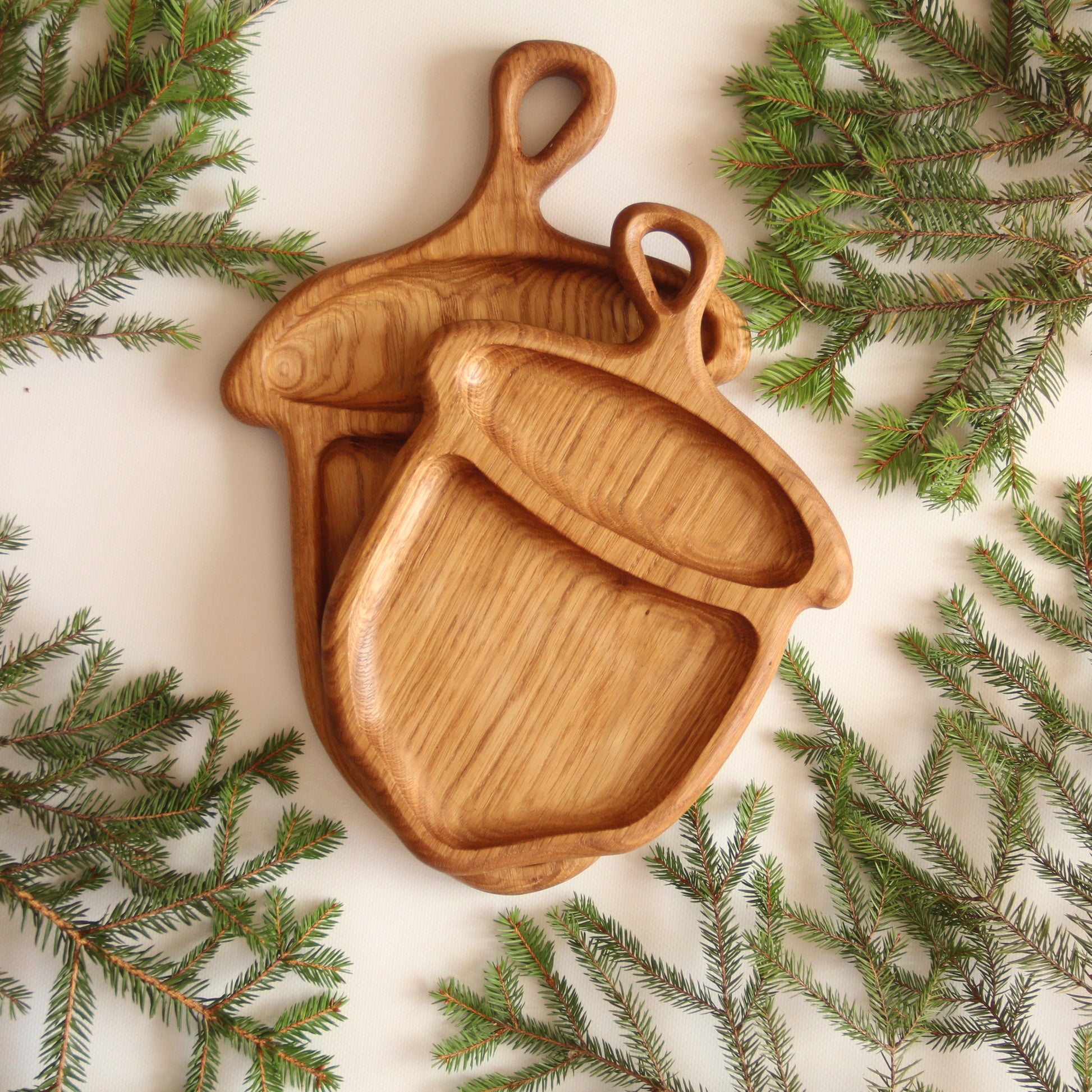 Handmade oak plate in acorn design perfect for living room decor