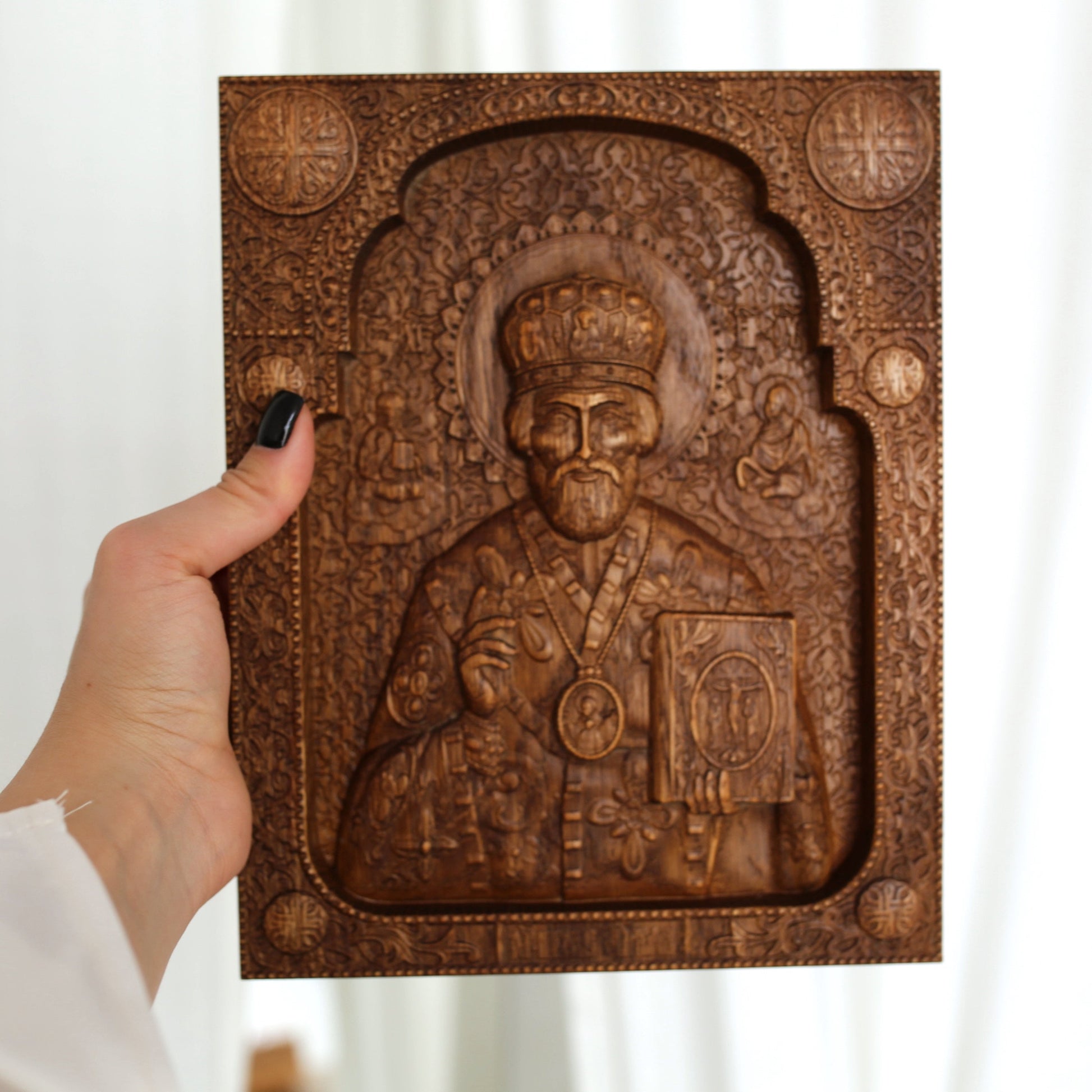 Orthodox oak icon Saint Nicholas wooden handmade wall decoration