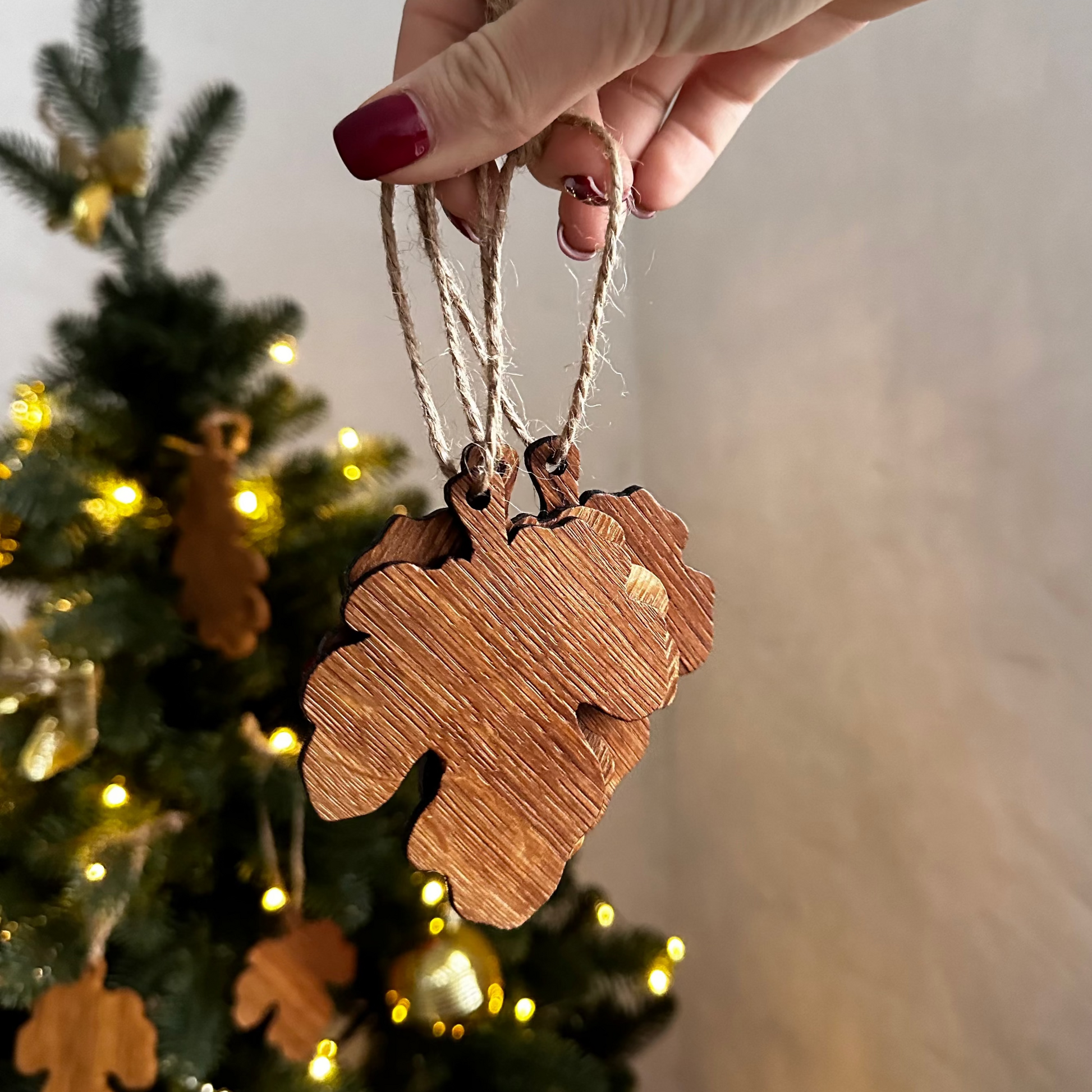 Rustic wooden ornaments perfect as family Christmas gift