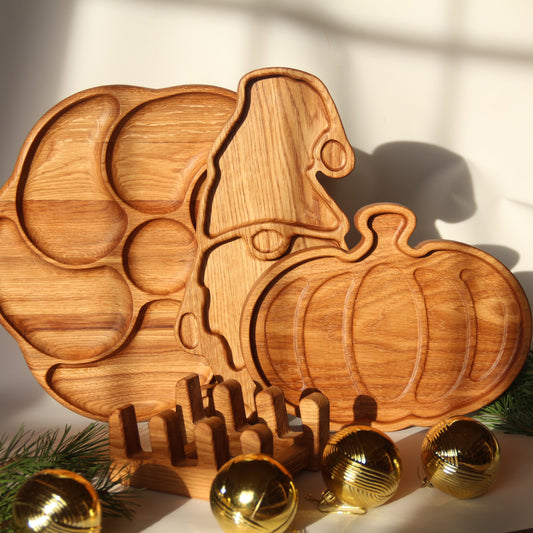 Rustic oak wooden platter set handmade for serving snacks and appetizers