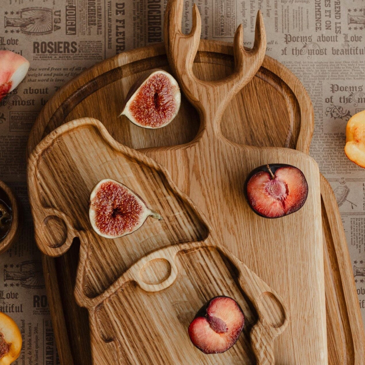 Rustic wooden serving board ideal for bread, cheese, fruits, or snacks