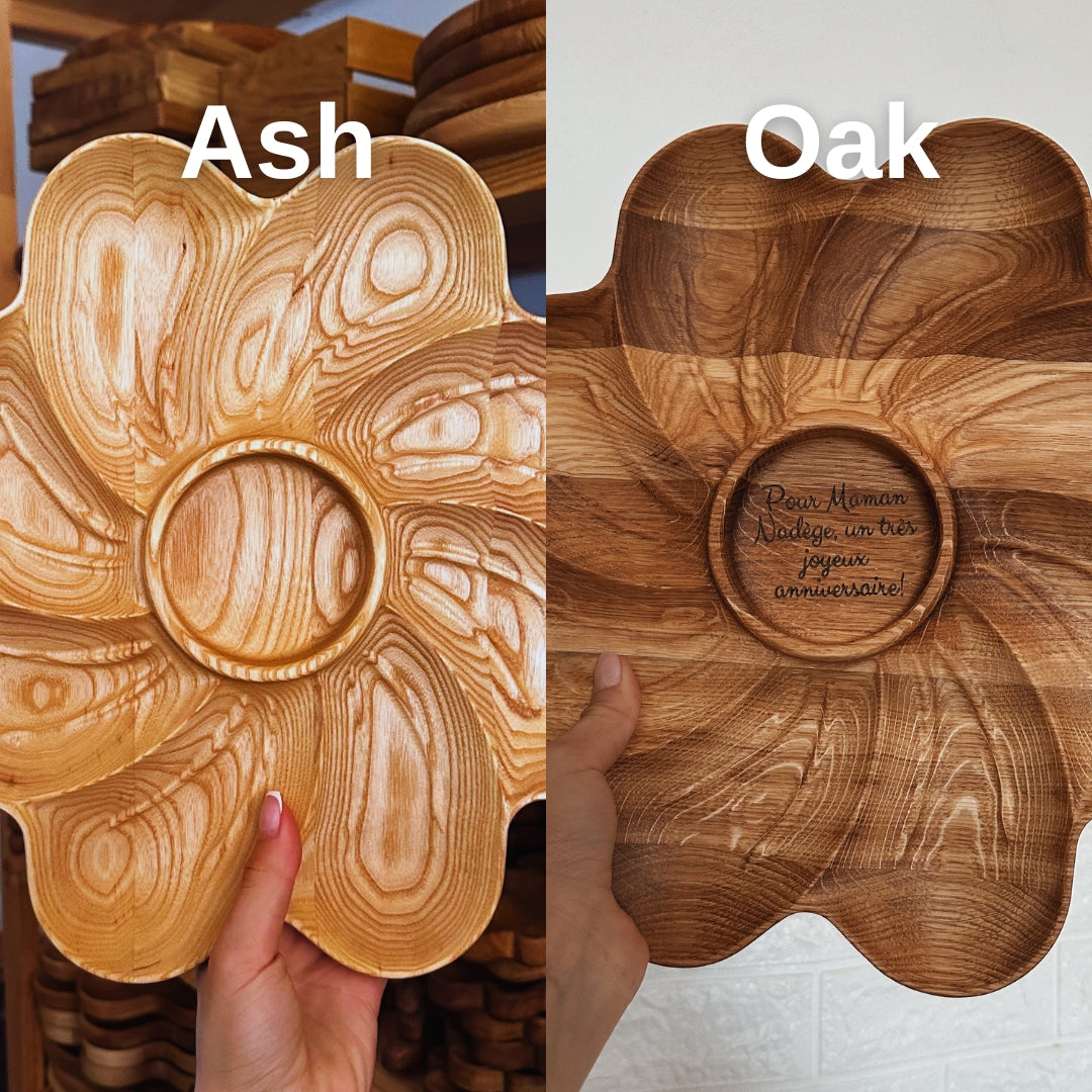 Eco-friendly wooden platter with separated sections and honey accessories