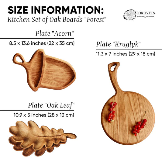 Decorative oak plates in whimsical shapes with wooden stand