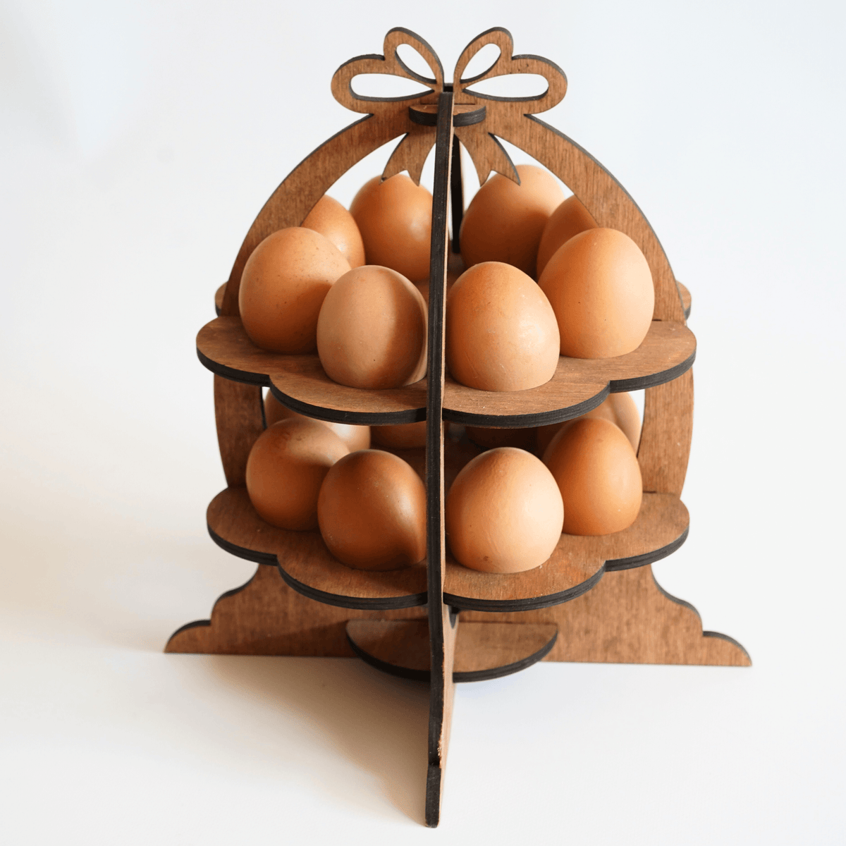 Two Tier Wooden Easter Egg Holder for 16 Eggs, Brown Plywood Stand