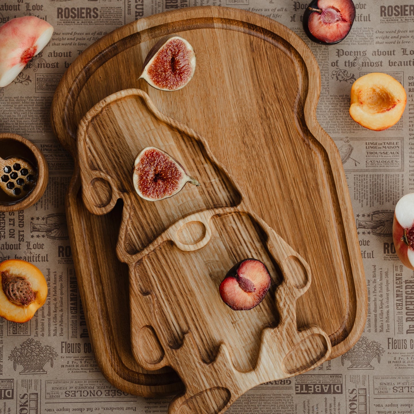 Handmade wooden cutting board set crafted from natural oak for kitchen use