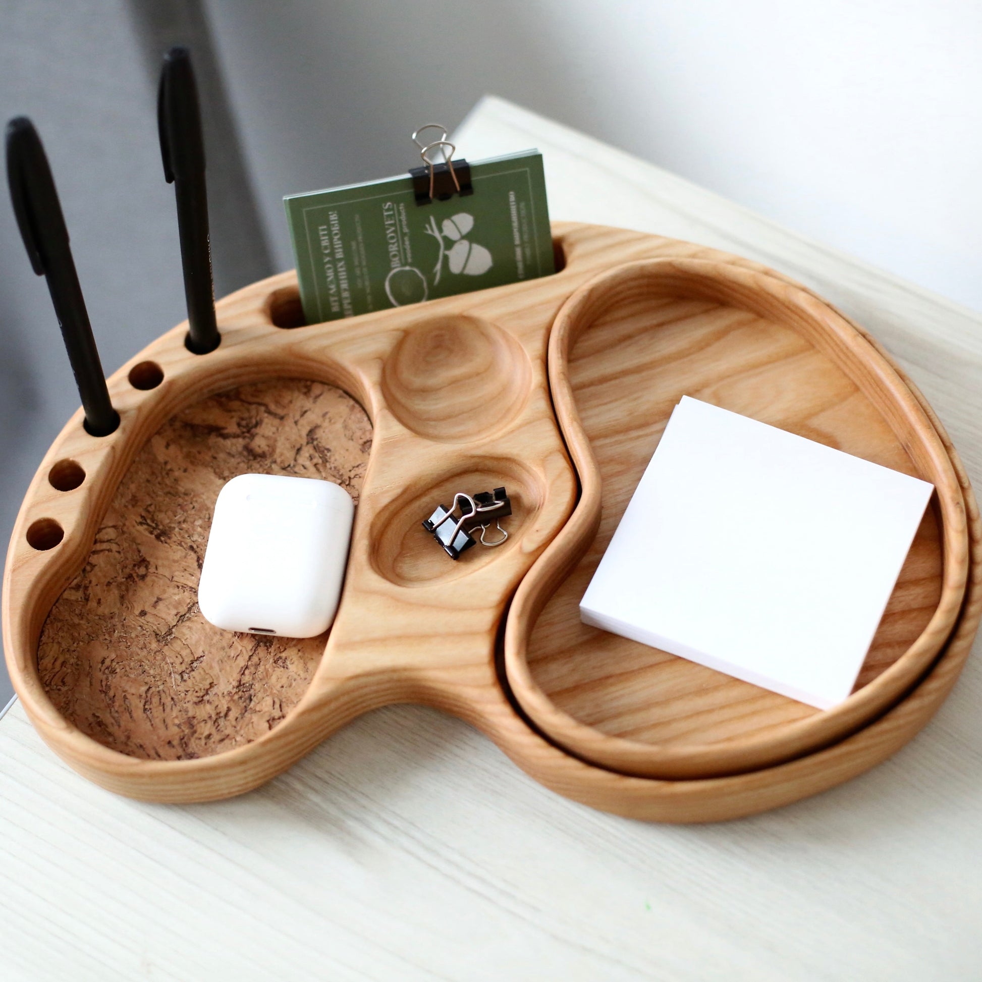 Handcrafted wooden desk organizer for office or home workspace
