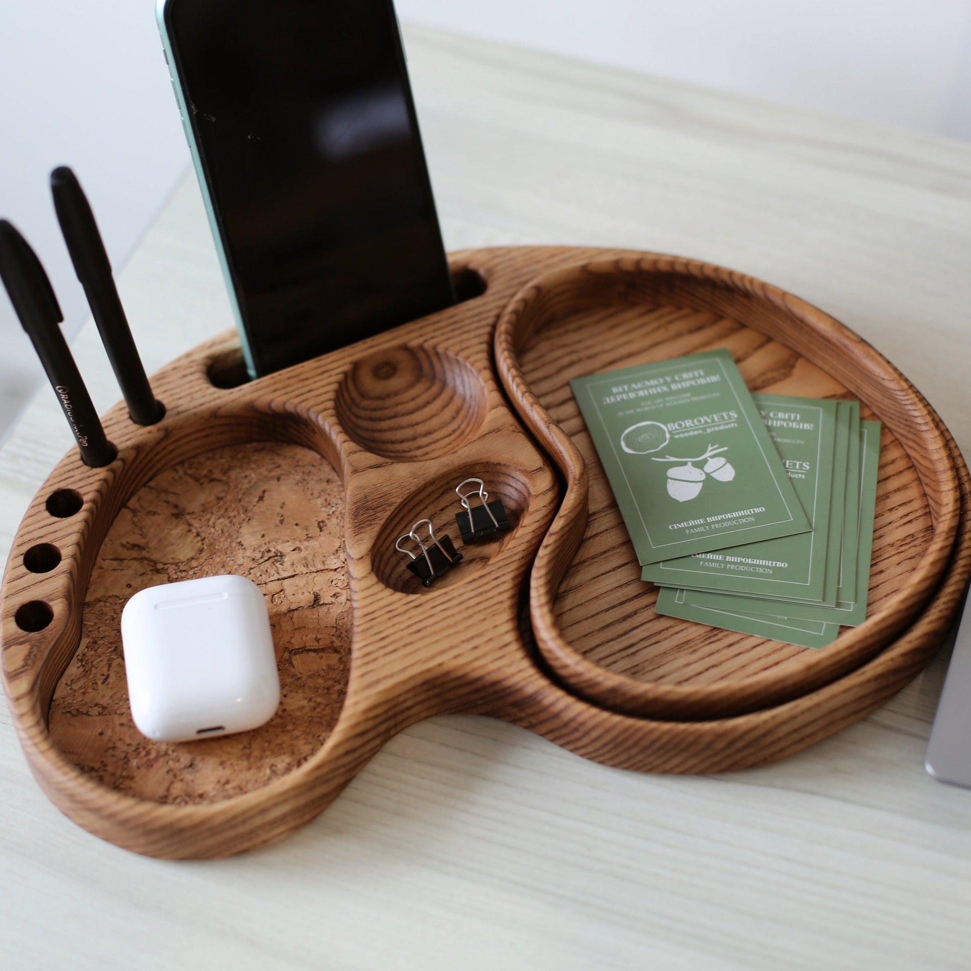 Handmade wooden desk organizer with phone holder and multiple compartments