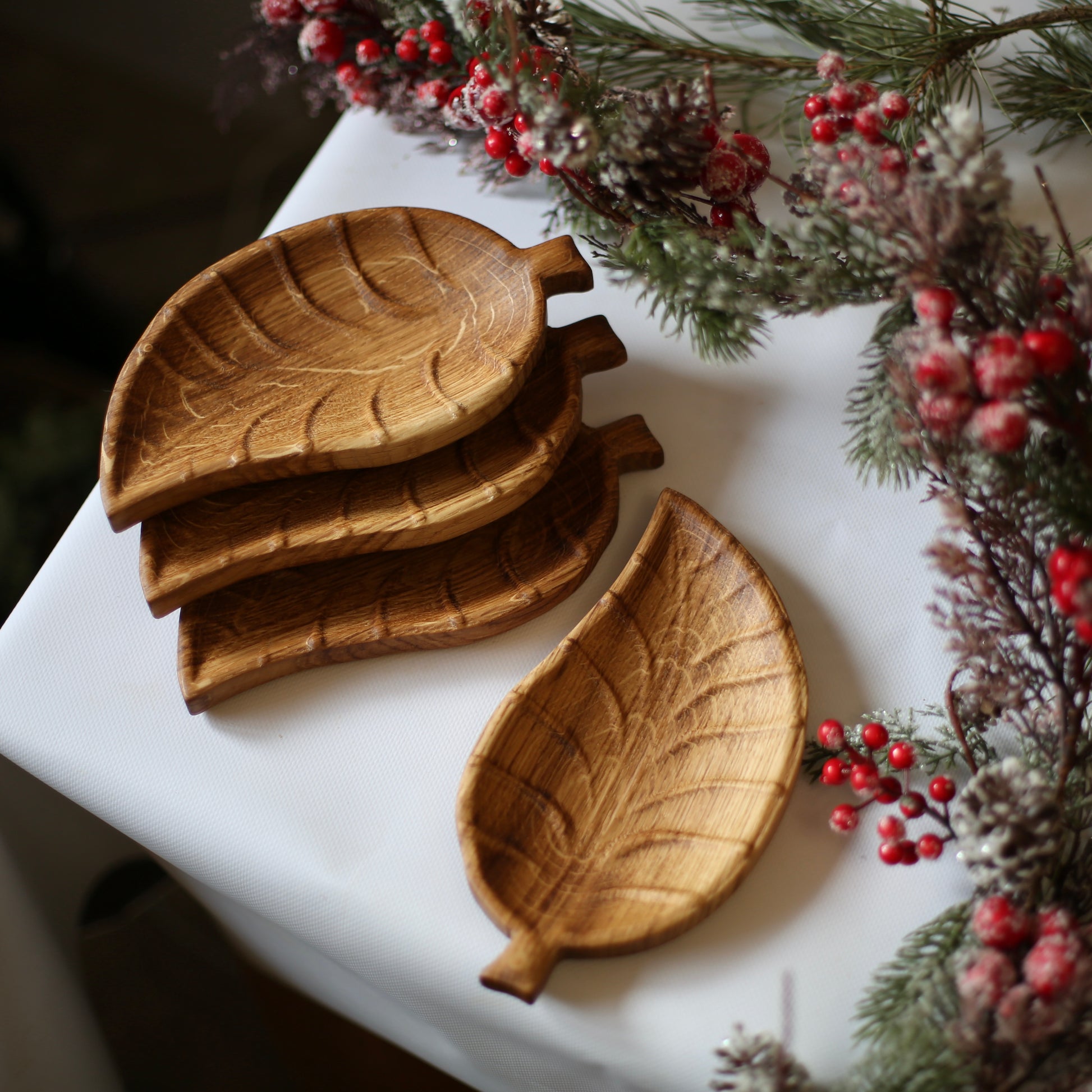 Small wooden serving plate in the shape of a leaf