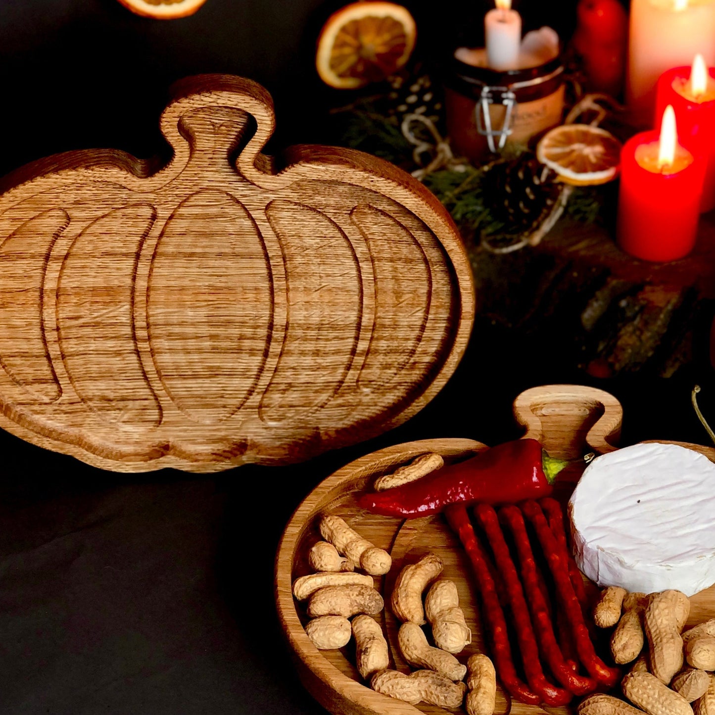 Pumpkin shaped wooden serving plate handmade from oak and ash wood