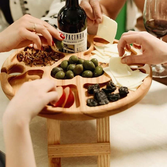 Wooden wine table with heart shaped design for two glasses and a bottle